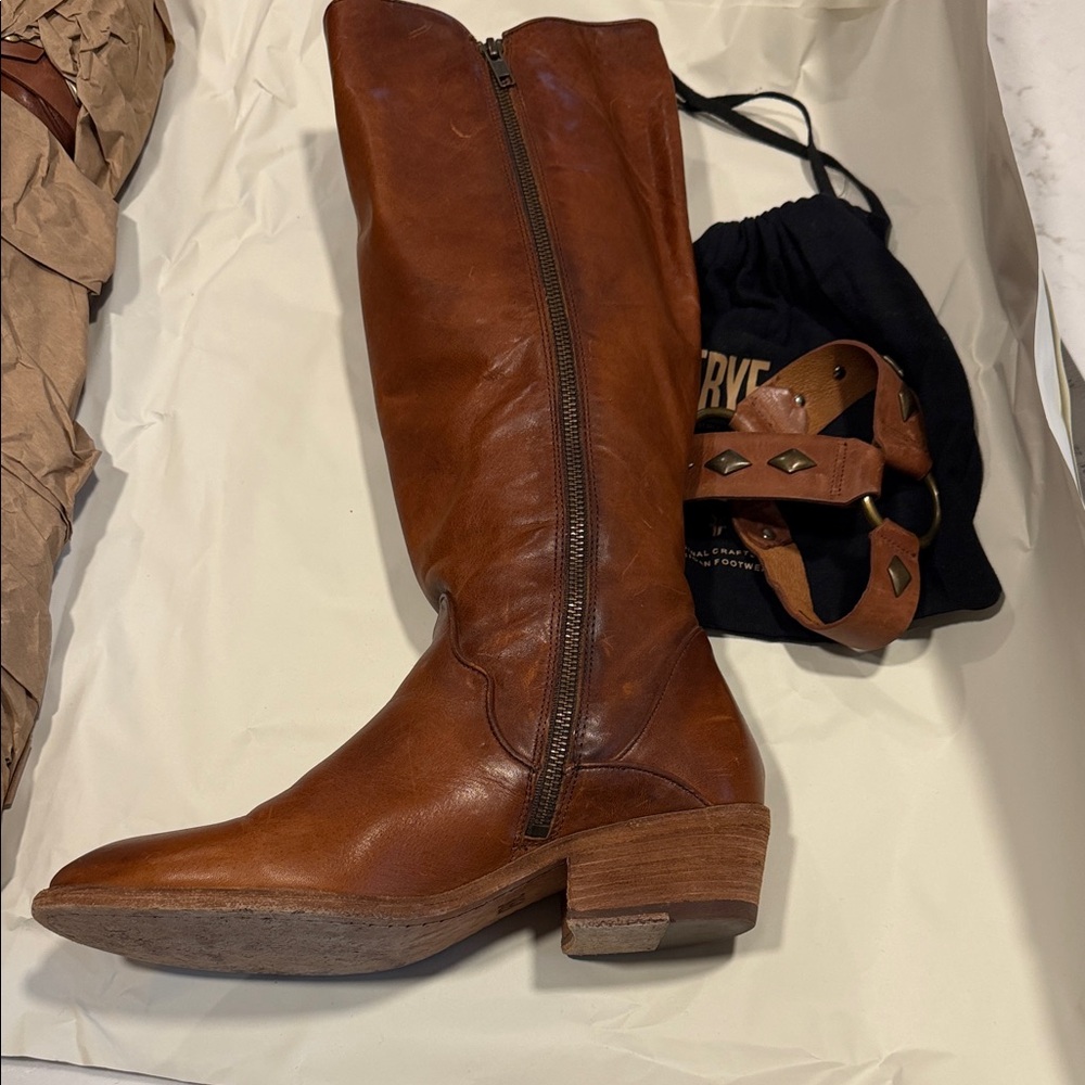 Frye Brown Leather Harness Heeled Riding Boots - Picture 5 of 8